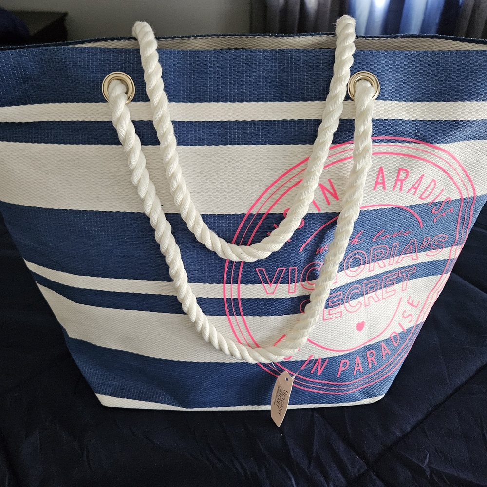 Victoria's Secret Blue and White Striped Tote Bag